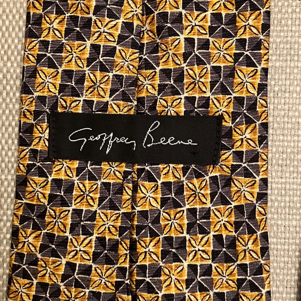 Vintage Geoffrey Beene silk tie, checkerboard pattern, gold, gray, black